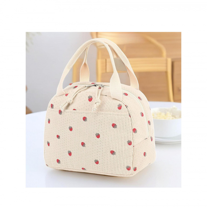 Cross-border Hot Sale Corduroy Strawberry Large Capacity Lunch Bag Travel Travel Spring Tour Picnic Ice Bag Work Insulation Bag
