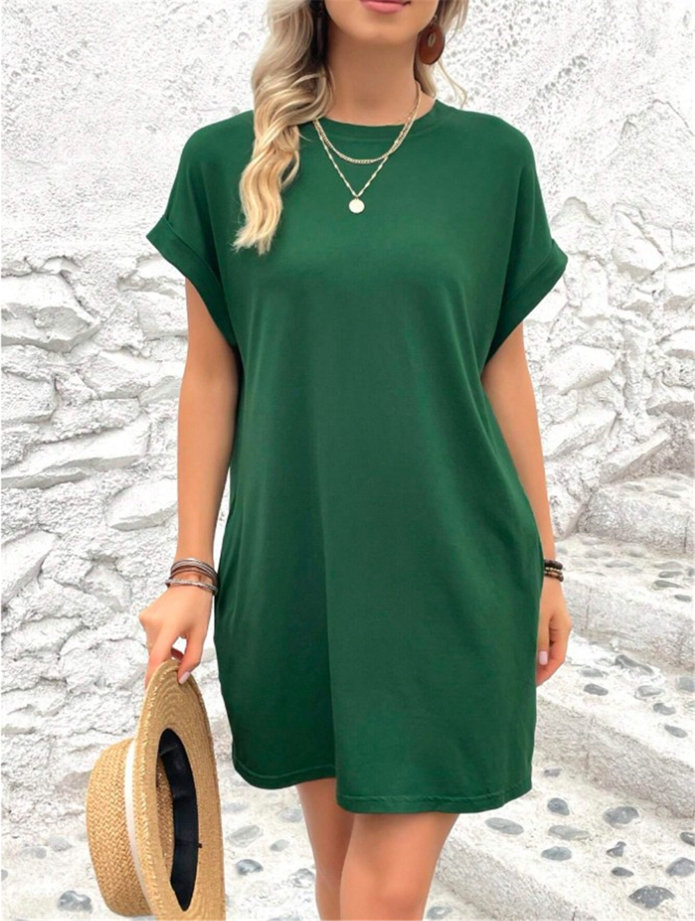 Amazon 2024 European and American New Casual Solid Color Crewneck Bat Sleeve Invisible Pocket dress