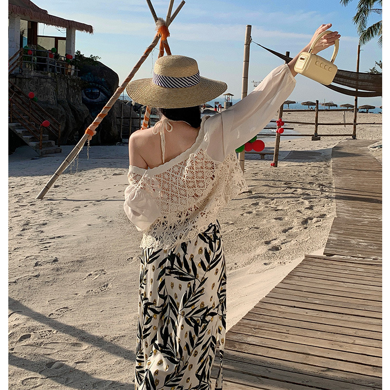 Picture of Bohemian beach culottes women's summer seaside wear thin split wide-leg pants floral draping mop pants trousers
