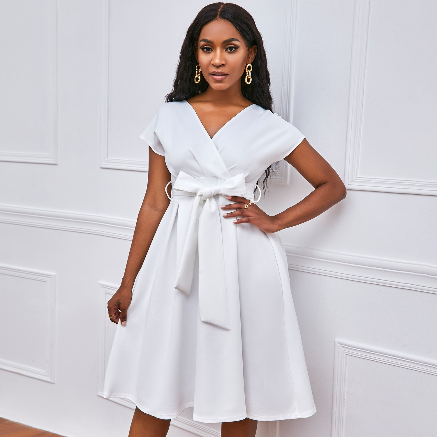 Amazon Independent Station Summer V Neck Pure Color Waist Bow Tie European and American Large Swing Dress Skirt Cross-Border Dress