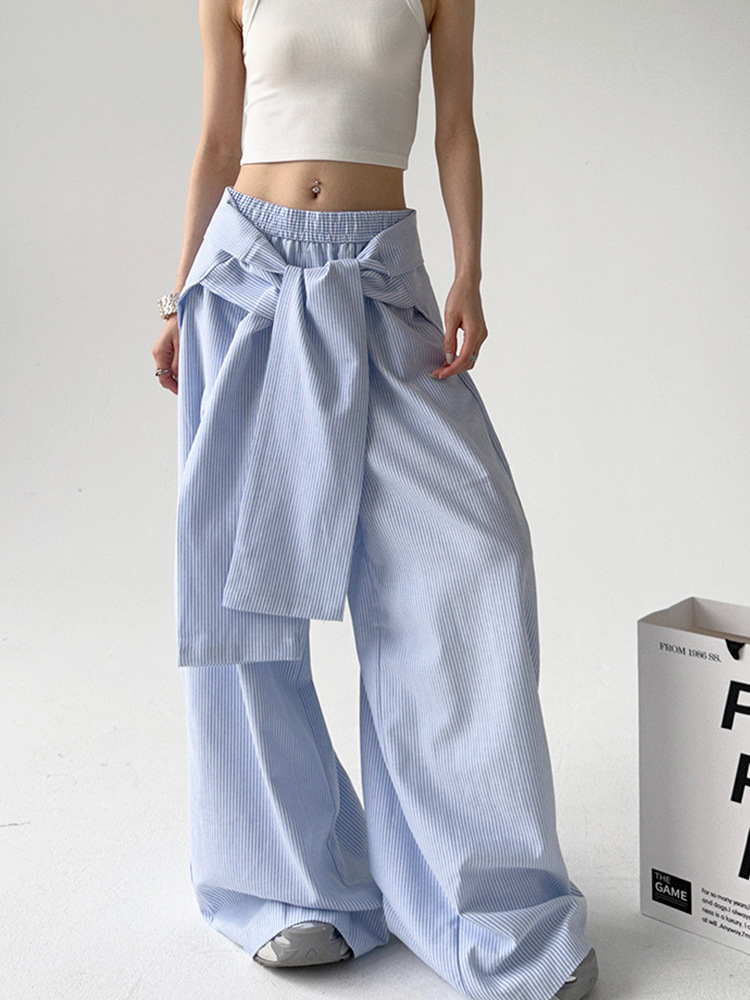 Picture of Foreign Trade Hot Sale Blue Striped High Waist Casual Pants Spring and Autumn Strap Waist Seal Design Loose Wide Leg in stock Trousers