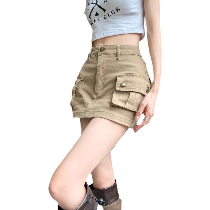 khaki Tooling Denim Skirt Women's American Style Retro High Waist A- Line Skirt Hot Girls Anti-walking Sheath Skirt Pants