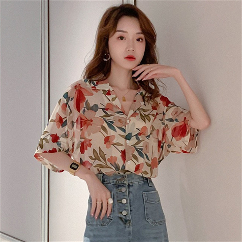 Design sense niche light familiar chiffon elegant draping shirt Women's printed top Western style Korean style shirt women's summer