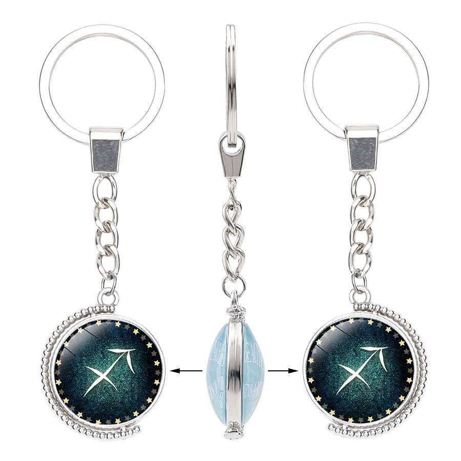 New twelve constellations Time Gem key chain double-sided rotating crystal pendant key ring pendant