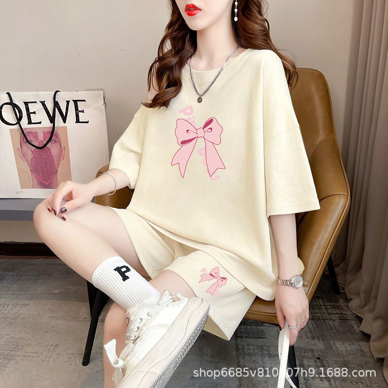 Plus size sports suit 2024 Summer new women's clothing chubby girl 1.00 kg-150.00 kg short sleeve T-shirt wide leg shorts two-piece set
