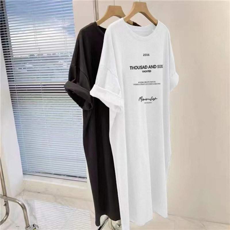 Picture of Korean Short-Sleeved Dress Women's Summer Fat mm Large Size Slim Mid-Length T-Shirt Dress over the Knee Casual Long Skirt