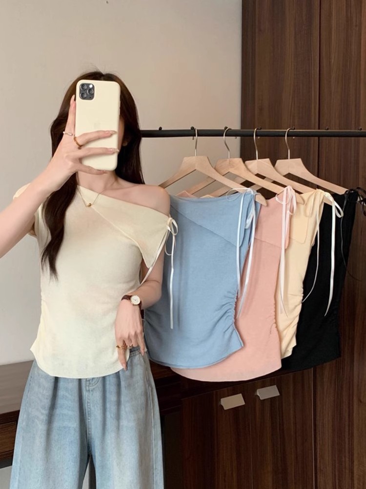 Niche Summer One-Shoulder Shoulder Short Top Solid Color All-Match Pure Desire Hot Girl Style Dopamine Wear Trendy Instagram