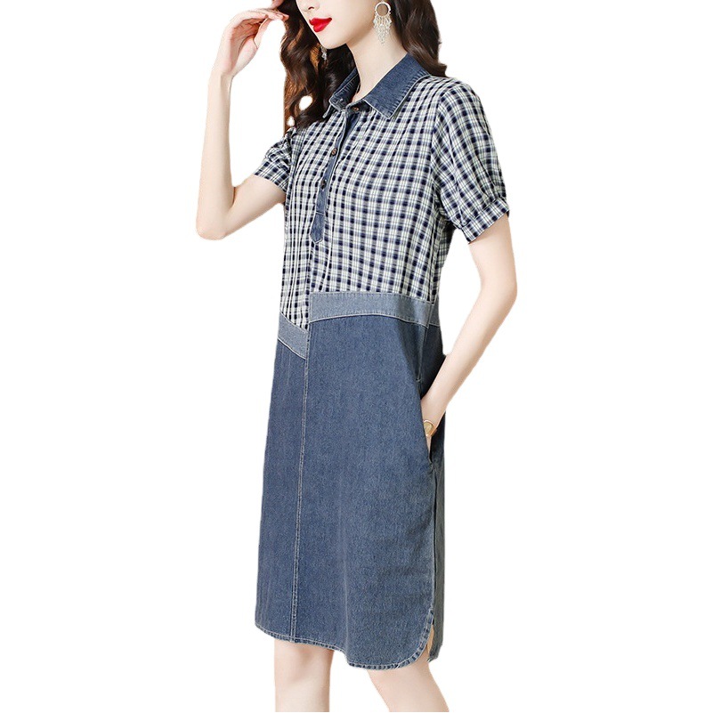 Real shot Denim dress 2025 summer new loose slim foreign style plaid stitching fashion skirt
