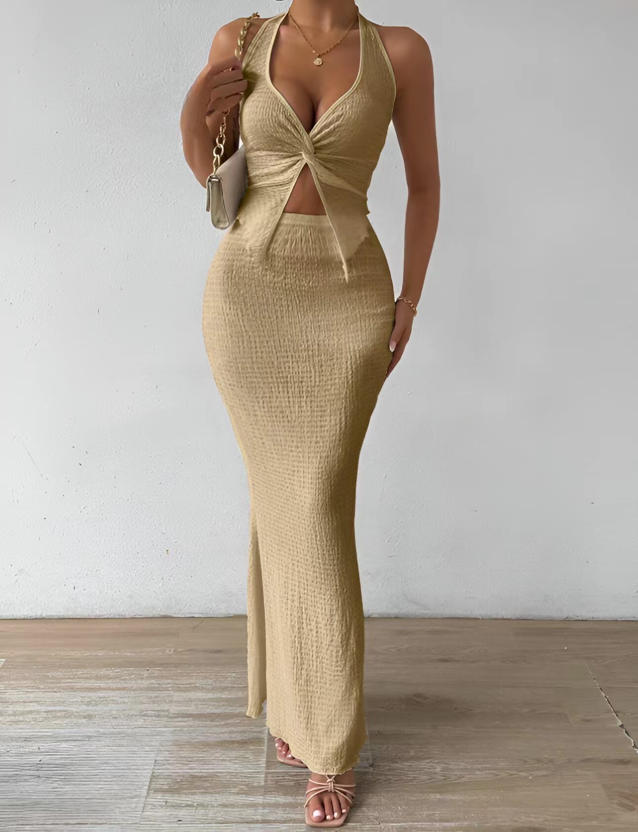 Picture of European and American Cross-border Croissant Women's Summer Solid Color Twist Front Hanging Neck Crop Top and Fishtail Midi Skirt Elegant Double