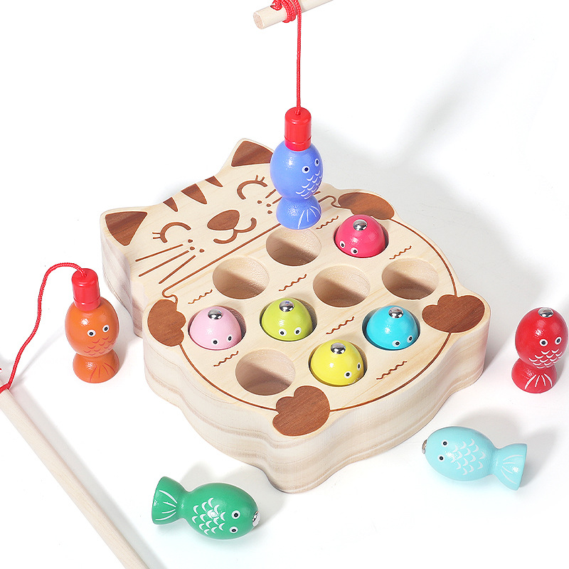 Picture of cpc children's educational toys magnetic kitten fishing games concentration training wooden fishing magnetic toys