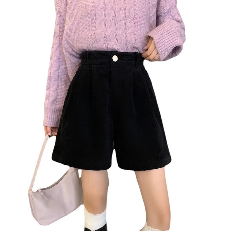 Picture of Autumn and Winter Corduroy Shorts for Women Plus Size Fat m Elastic High Waist Slim Outer Wear A-Line Wide Leg Pants Black Casual Boot Pants