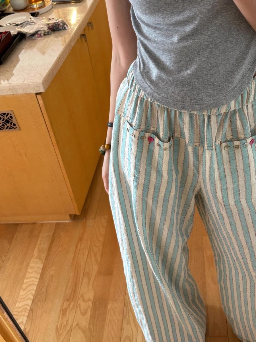Picture of Autumn and Summer Thin Striped Pants for Women, Cotton and Linen 2025 New Style Petite Casual Straight Pants, Loose Linen Wide-Leg Pants