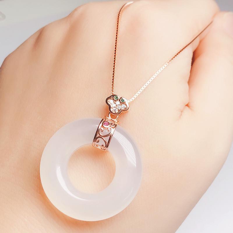 Picture of S925 Sterling Silver Pendant Buckle Ring Princess Buckle Golden Emerald Crystal Jade Peace Ring Clip
