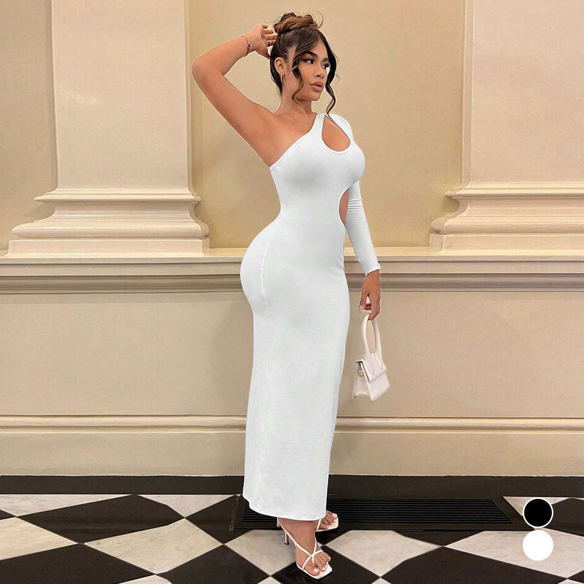 Amazon Explosions Single Shoulder Oblique Collar Long Sleeve dress European and American Autumn Women's Fashion Sexy Hollow Long Dress