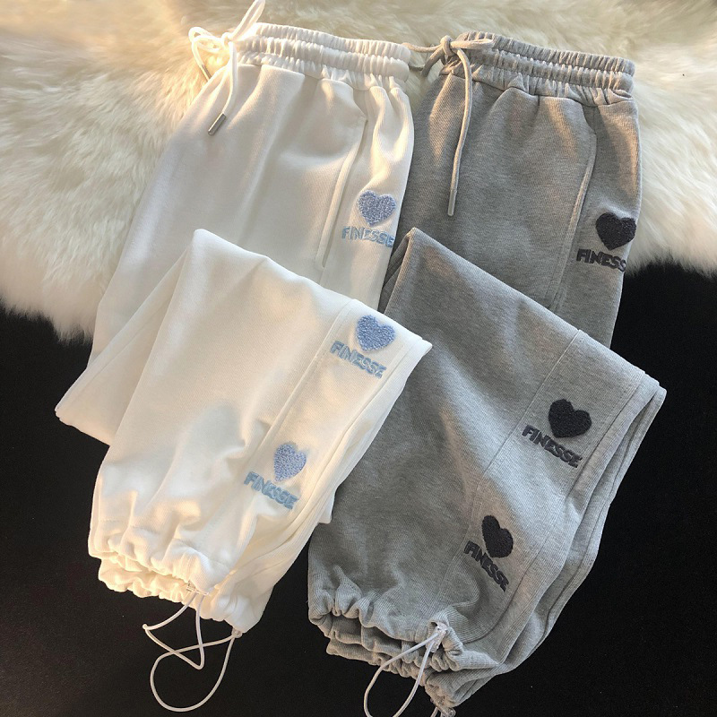 Casual Embroidered Sports Pants Women's fleece-lined Spring Autumn Winter High Waist Wide Leg Loose Bundle Long Pants Thin Sweatpants for Hair