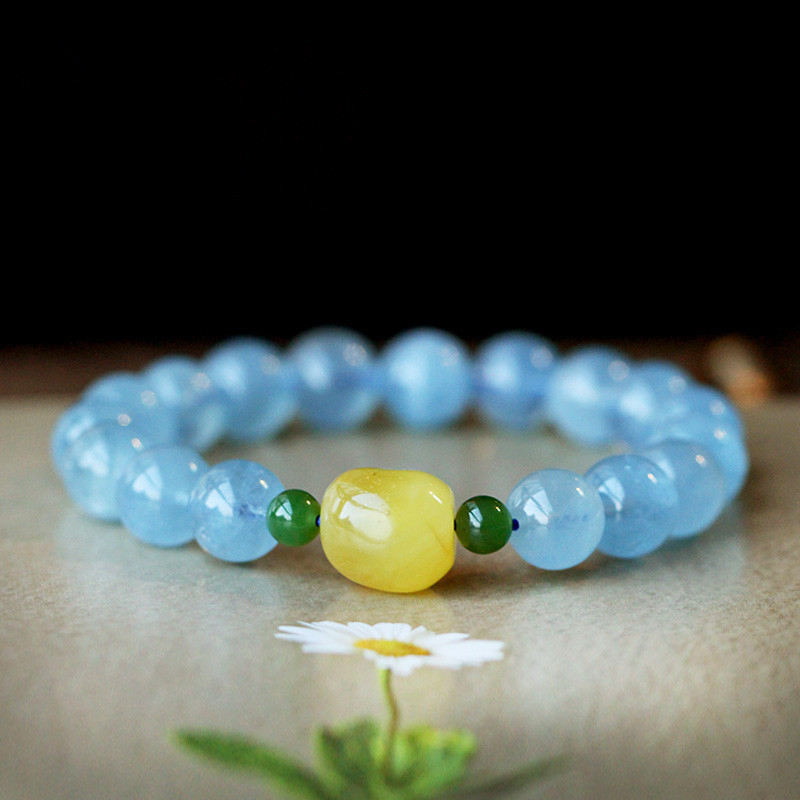 Original handmade natural collection grade ice through aquamarine treasure single circle bracelet for men and women raw ore beeswax jewelry bracelet
