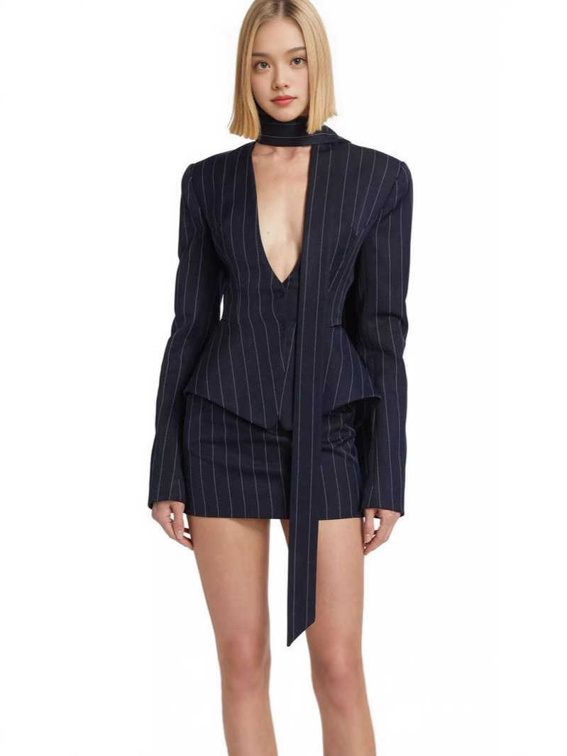 Picture of 2024 New Cross-border Elegant Striped Niche Design Slim-fit Waisted V-neck Suit Jacket Jacket Dress Set