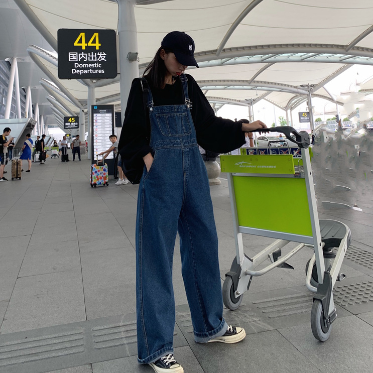 Picture of Japanese Style Versatile Denim Overalls for Women 2024 Spring & Fall New Design Retro Loose Suspenders Wide Leg Long Pants