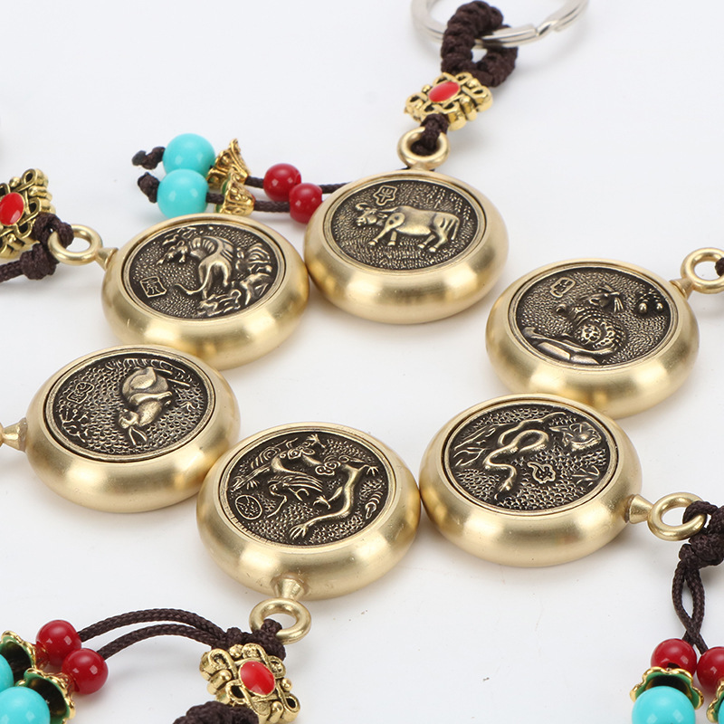 Money-turning keychain copper money-making keychain copper money-making keychain handle copper gourd five Emperor money keychain