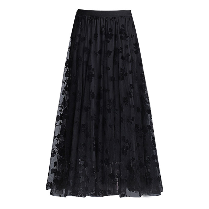 Picture of Double-sided Flocking Mesh Skirt Women's Slimming Mid-length New Spring High Waist A- line Skirt Pleated Skirt Large Swing
