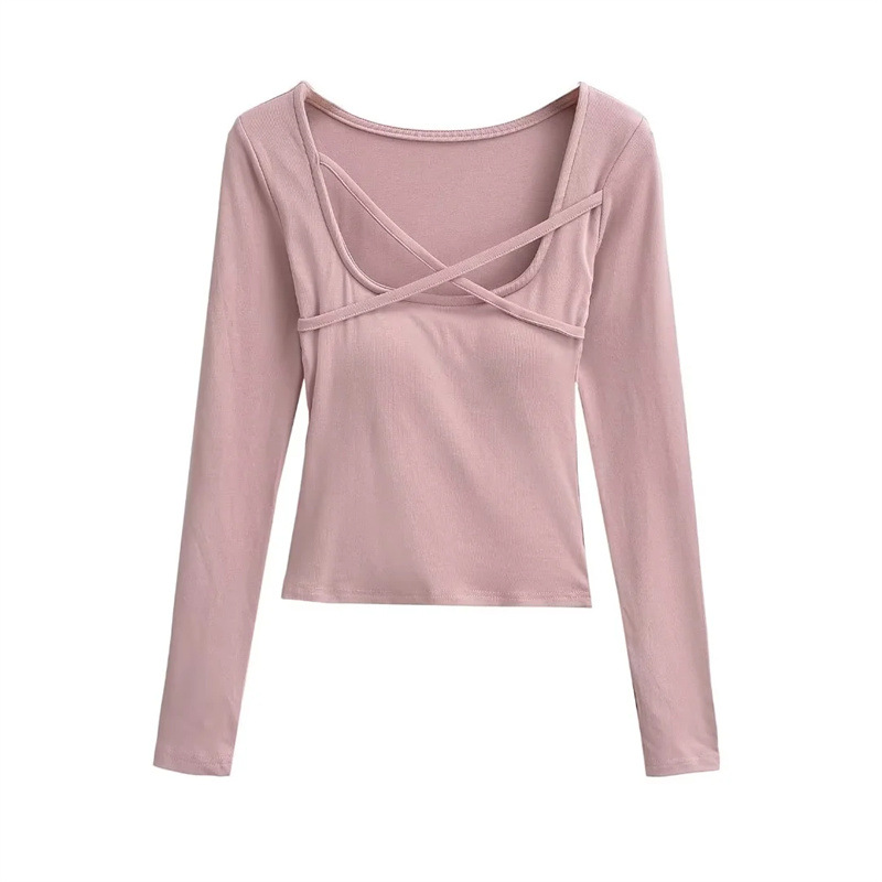 Picture of Ins Spice Girl Square Collar Cross Rope with Chest Pad Long-sleeved T-shirt Autumn New Light Mature Pure Slim-fit Short Base Shirt