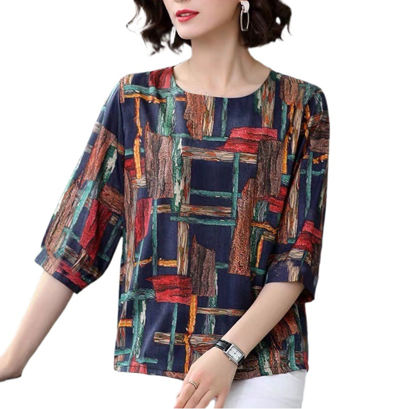 Middle-Aged Mother Plus Size Women's Clothing Autum New Retro Three-Quarter Sleeve T-Shirt Women's Imitation Ice Silk Mid-Sleeve Bottoming Shirt Top