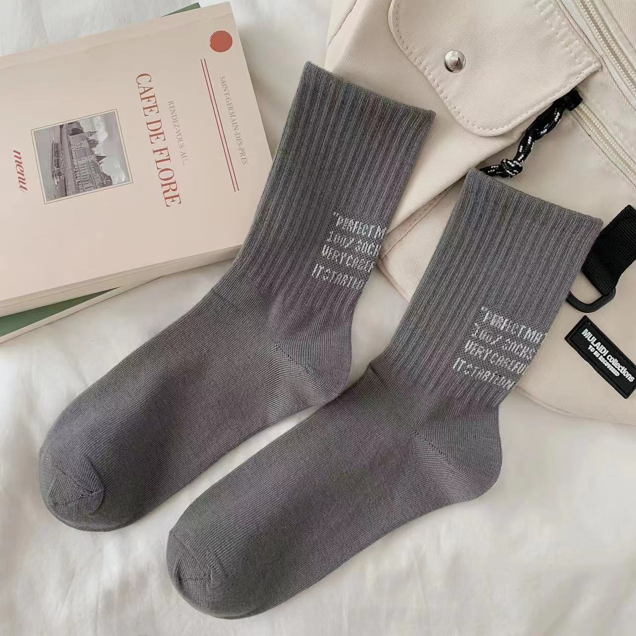 Picture of Socks Women's Autumn and Winter Mid-length Stockings All-match Simple Vertical Stripe Letter Stacked Stockings Fashionable Couple Sports Stockings