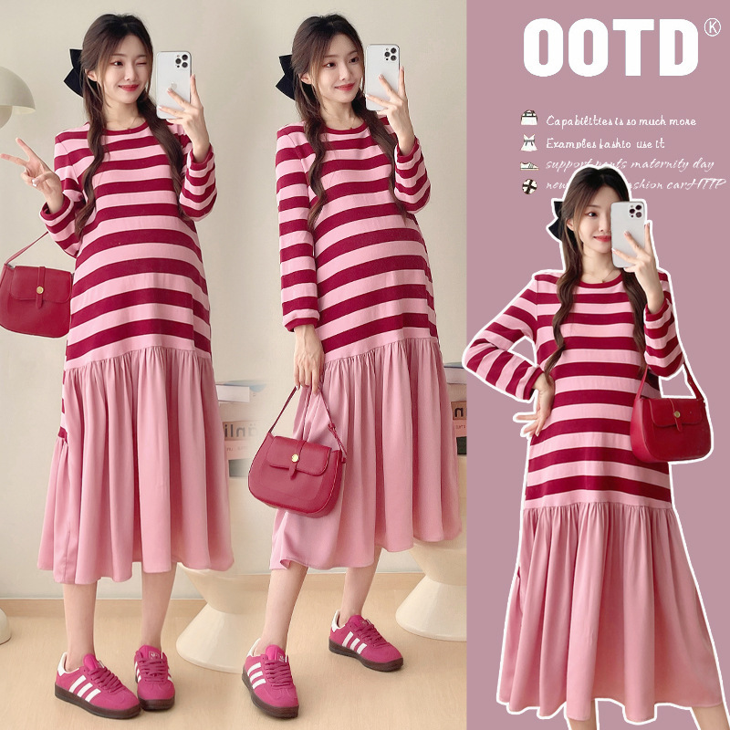 Picture of Pregnant women's clothing 2024 autumn new chubby girl loose long sleeve striped stitching sweater skirt women's long dress tide