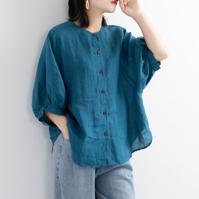 Picture of 2024 Early Spring New Women's Shirts Women's Design Niche Summer Retro Literary Lantern Sleeve Cotton and Linen Tops Trendy