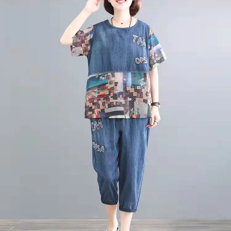Western style age-reducing fashion suit women's summer casual plus size women's clothing two-piece Korean style loose slimming belly-covering short sleeve