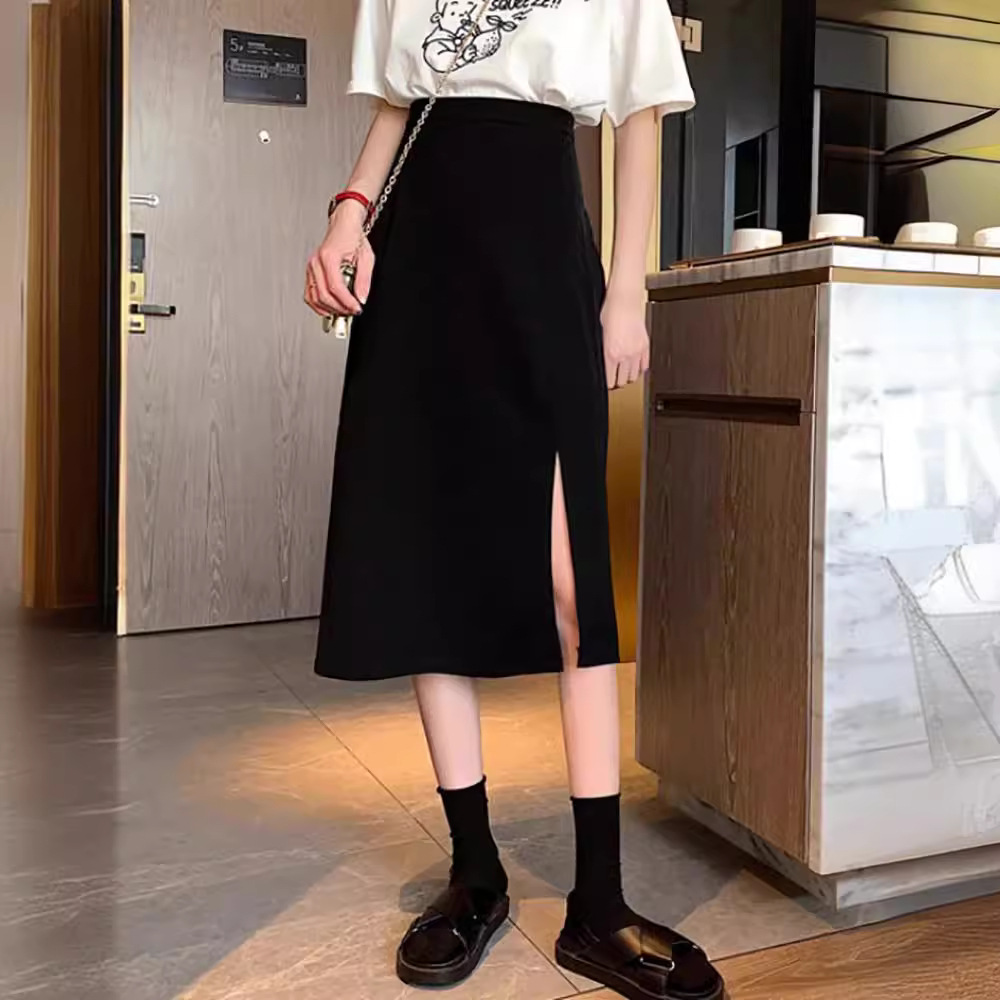 Summer Black Mid-length Skirt Women's High-end One-step Skirt Pear-shaped Figure Elegant Split High A- line Skirt