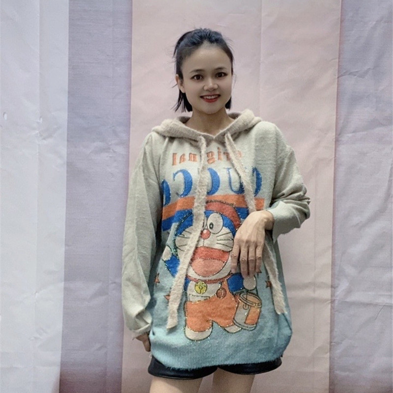 European plus size 2024 Fall/Winter New Jingle Printed Loose Hooded Knitted Sweater Long Mink Fleece Top