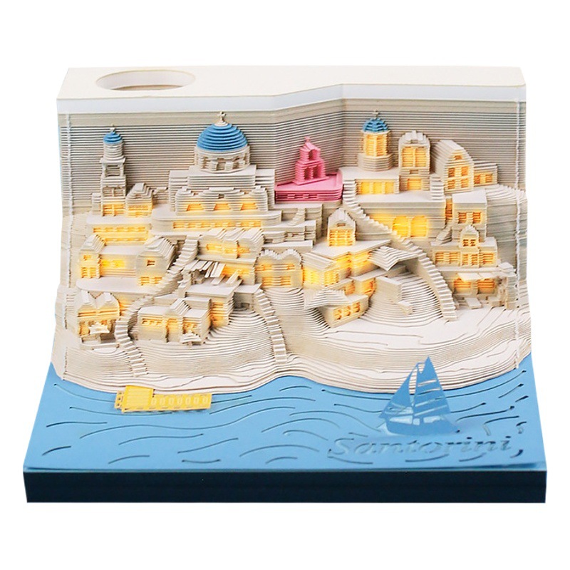 Romantic Santorini 3d three-dimensional note book paper carving building model creative gift girl heart Light version decoration