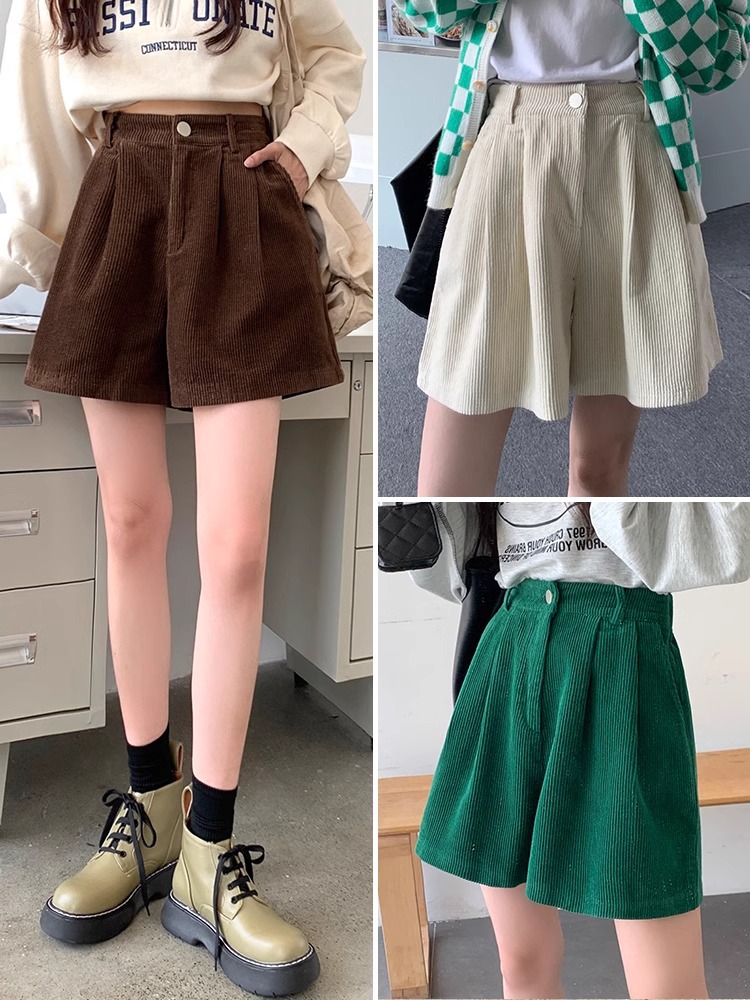 2023 autumn and winter new brown corduroy shorts women's A- shaped wide-leg pants small fragrant style high waist slim casual pants