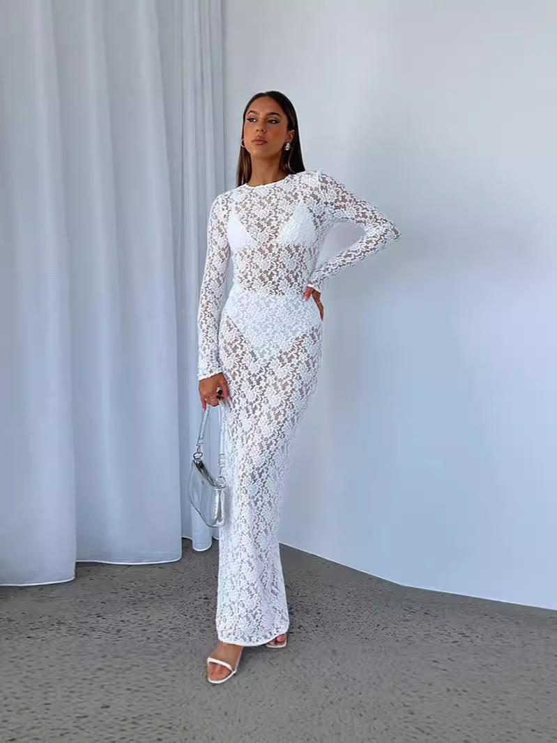Cross-border European and American women's clothing 2024 spring and summer new solid color lace perspective long sleeve long dress children's vacation
