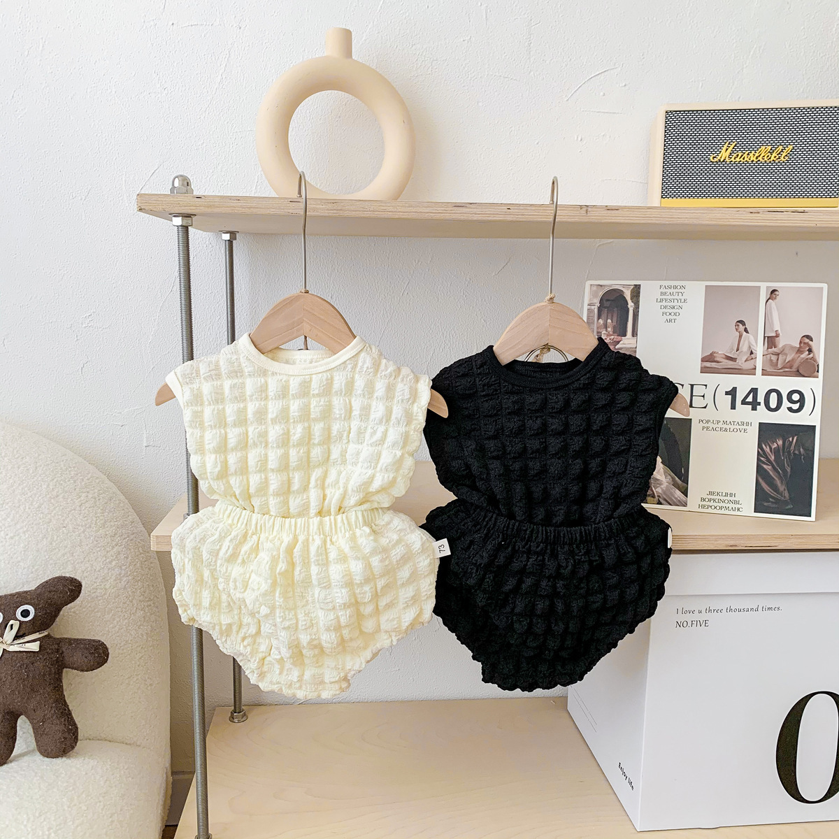 Korean style baby Summer sleeveless vest bubble plaid suit boys and girls baby casual top big pp pants two-piece set