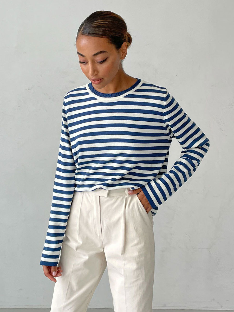 Picture of Cross-Border Round Neck Knitted Striped Sweater European and American 2025 Spring Versatile Classic Retro Striped Pullover Sweater for Women