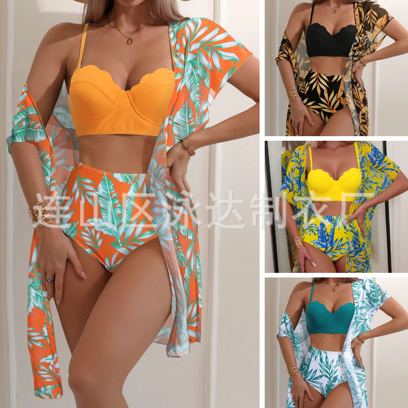Amazon popular european and american cross-border women's swimsuit women's sexy printed foreign trade bikini high waist three-piece set wholesale