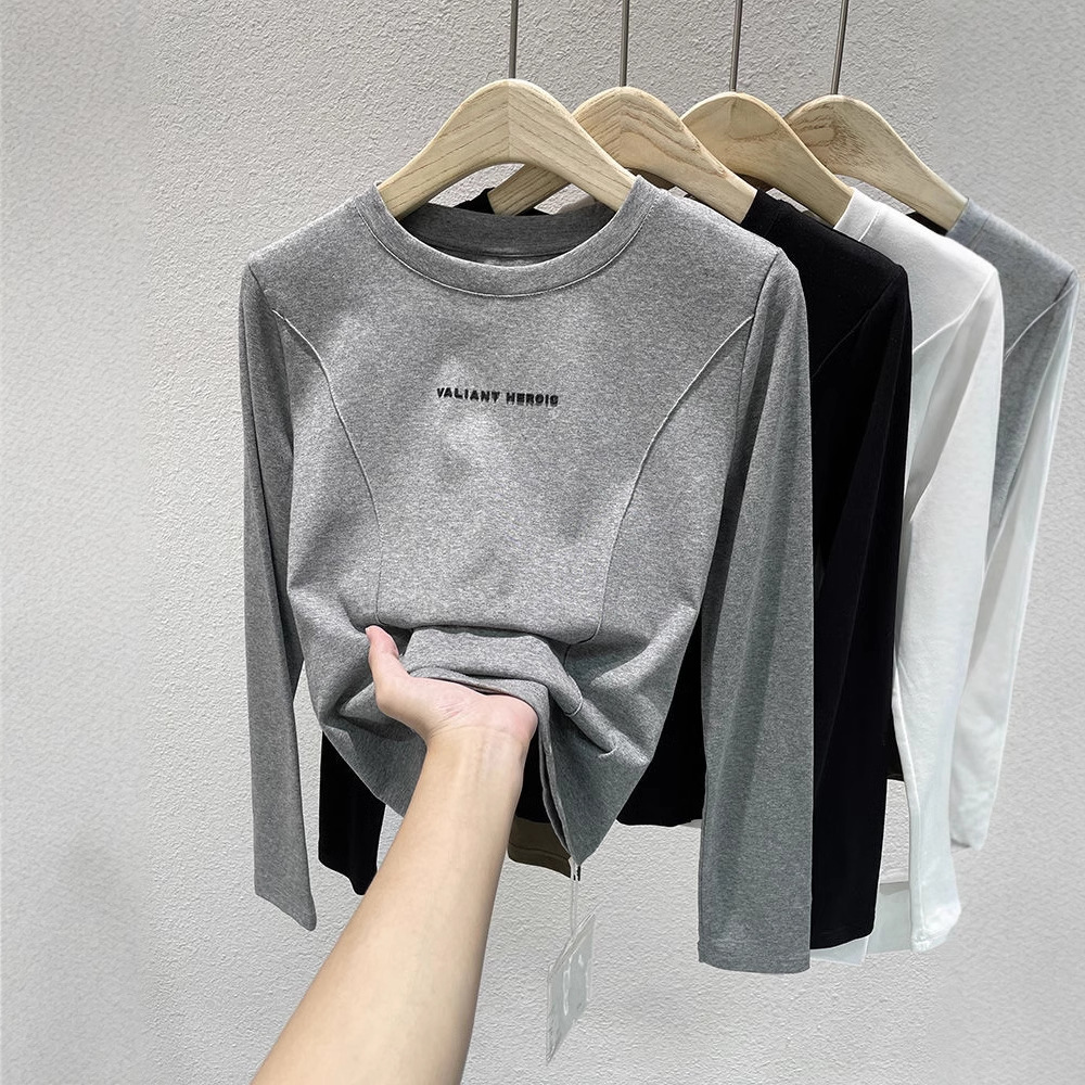 Printed stitching velvet short long sleeve T-shirt design new autumn and winter western style all-match base slim warm top