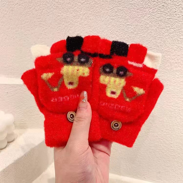 Picture of Children's flip gloves autumn and winter boys half finger warm cute Primary School students writing knitted dual-purpose gloves wholesale