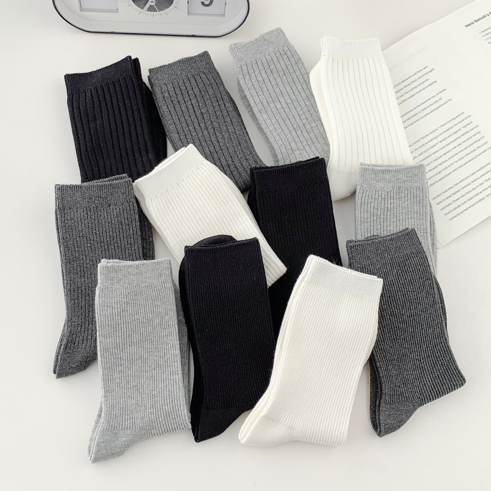 Socks Women's Autumn Mid-length Socks Cotton Socks Black and White Sports Casual Outwear All-match High-length Double Needle Stockings Zhuji Hosiery
