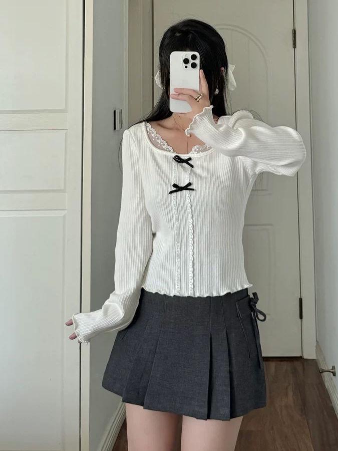 American Lace Stitching Base Shirt White Inner High-grade Top for Autumn and Winter 2024 New Fashionable Women