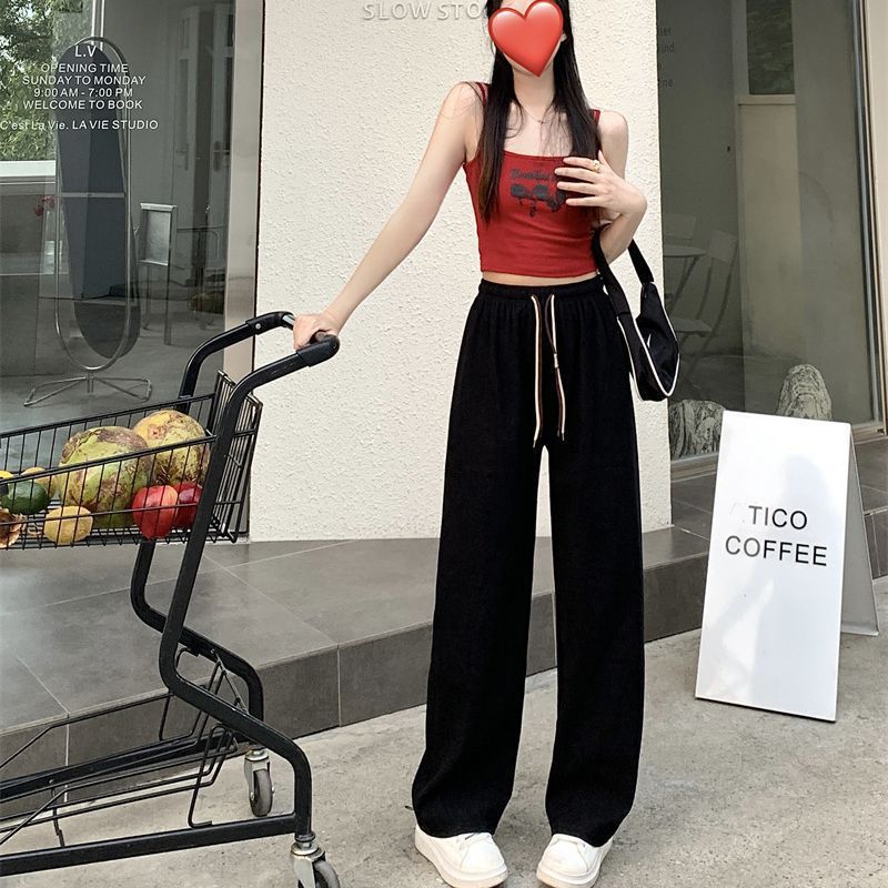Picture of Grooved Cotton Velvet Smiley Face Double Drawstring Wide-Leg Pants for Women, Spring and Autumn High-Waist Drapey Loose Straight Ultra-Thin Stripe Casual Pants