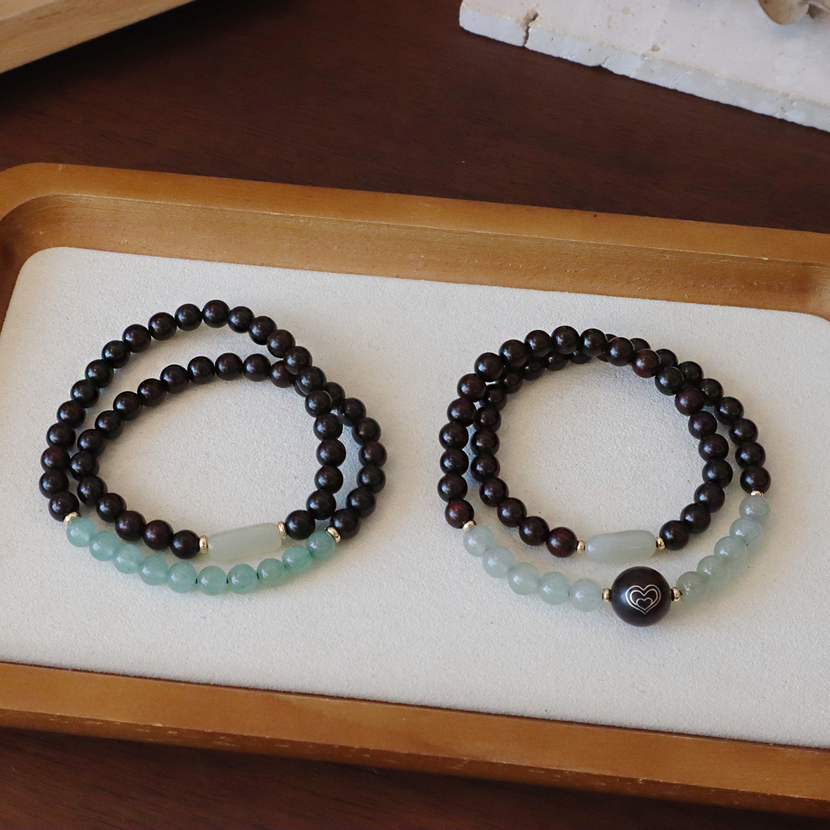 Natural Red Sandalwood with Green Dongling Double-layer Bracelet Stacked Women's Bracelet High-value New Chinese Style Literary Play