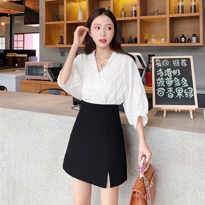 2023 Spring and Summer Design Sense Black High Waist Split Skirt Women's New A- line Short Skirt Suit Hip Skirt