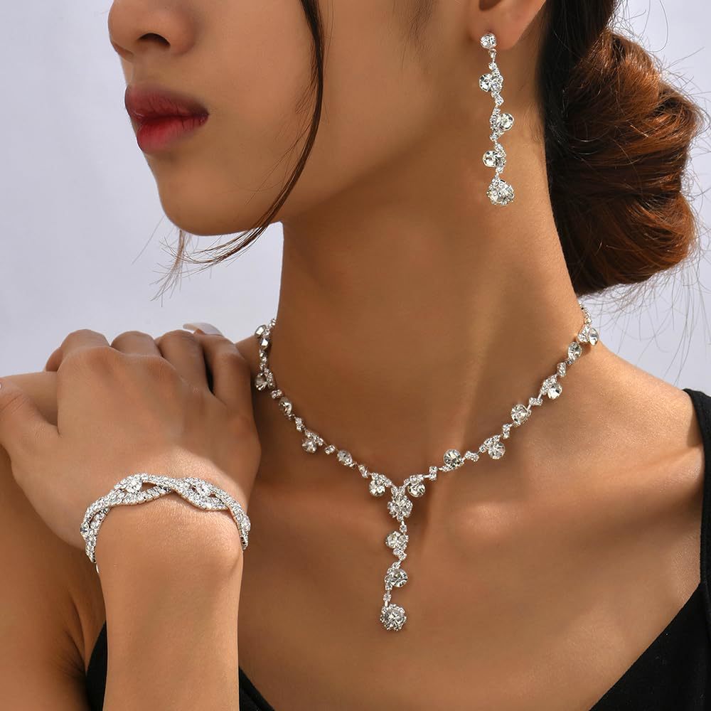 Light Luxury Style High-End Rhinestone Necklace Jewelry Set, Fashionable Temperament Inlaid with Diamonds, Women's Wedding Jewelry
