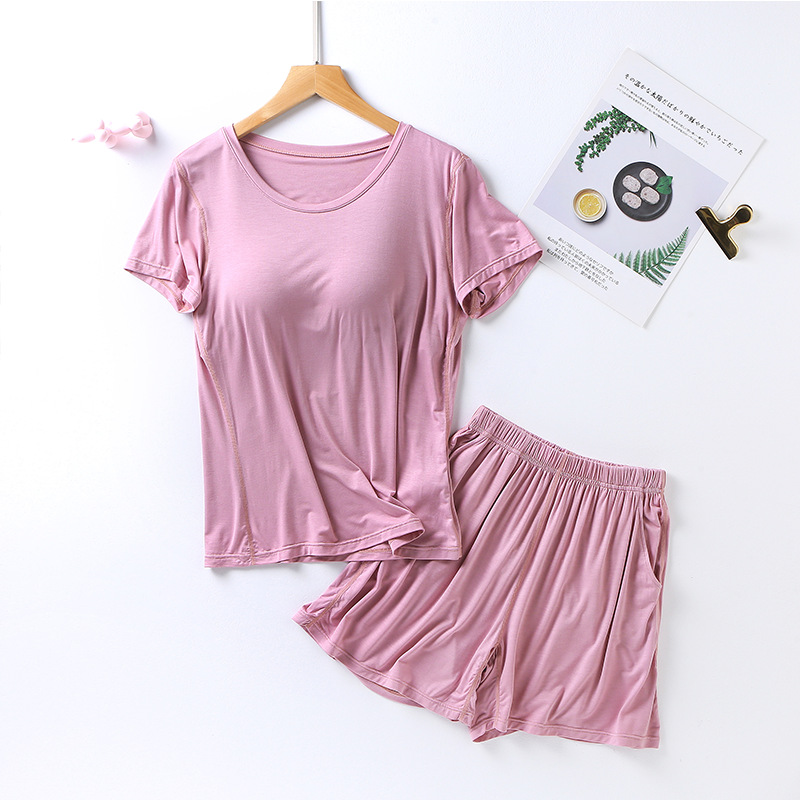 Picture of Modal Women's Suit Cup One-piece Short-sleeved Shorts Pocket-free Slimming Home Pajamas Suit Large Size Women