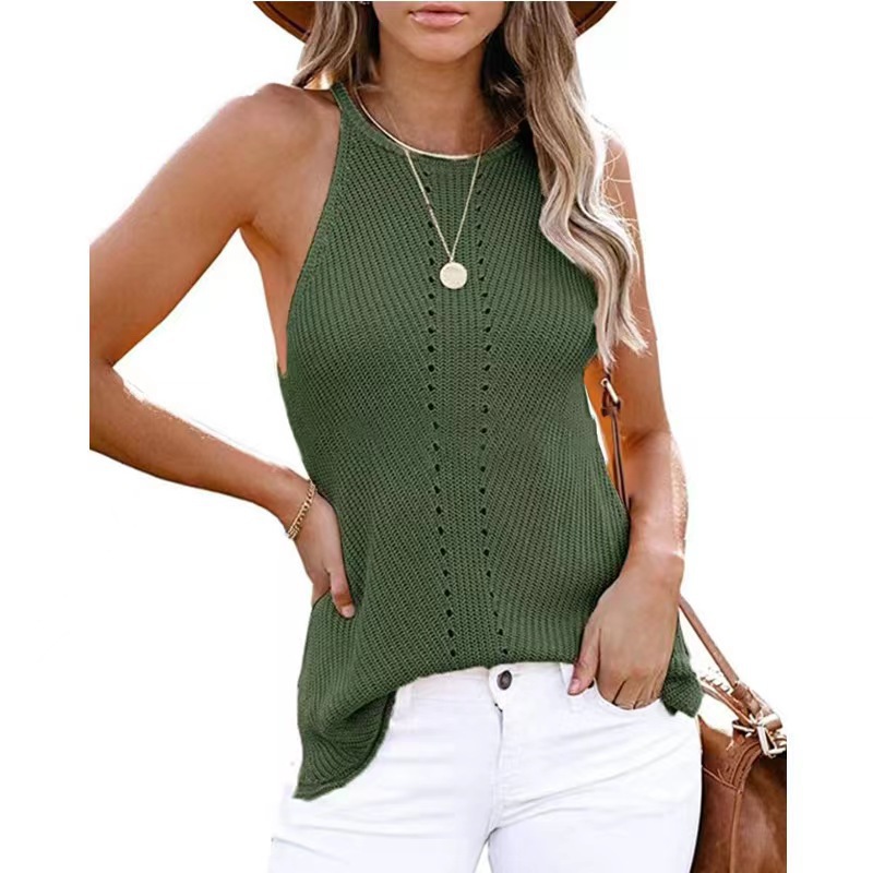 Picture of 2023 Shiying European and American Women's Spring and Summer Sleeveless Beach Clothes Solid Color Neck-Hanging Knitted Loose Neck Vest