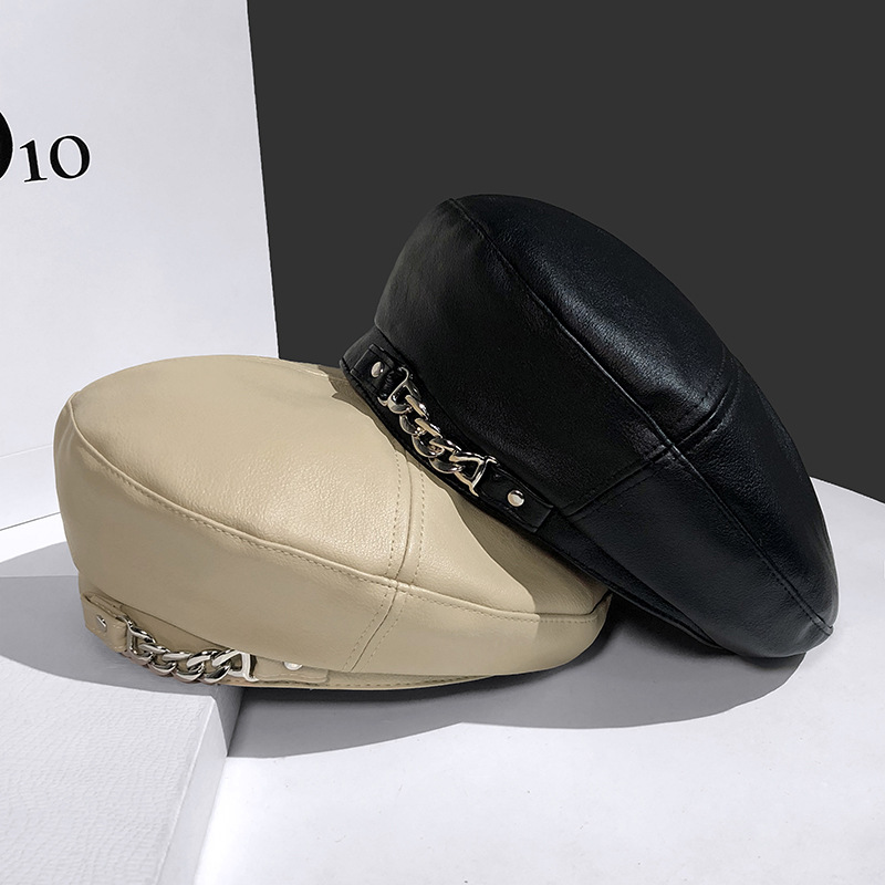 Chain Leather Beret Children's Spring and Autumn British Retro Octagonal Cap Internet Popular Korean Fashionable All-match PU Leather Painter Cap