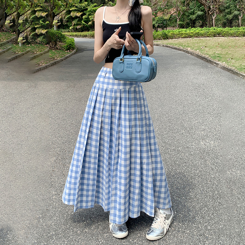 YC & Retro Blue and White Plaid Long Dress A- Line Skirt Umbrella Skirt Joker High Waist Slim Skirt Spring and Summer New